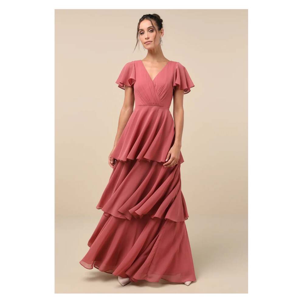 Lulus Sincerely Exquisite Rusty Rose Short Sleeve Tiered Maxi Dress Sz.XS NWT